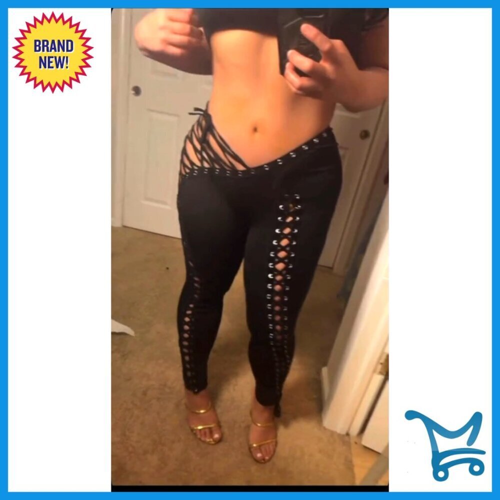 Sexy Two Piece Set Halter Tube Top High Waist Lace Up Pants Club Outfit - Picture 3 of 6